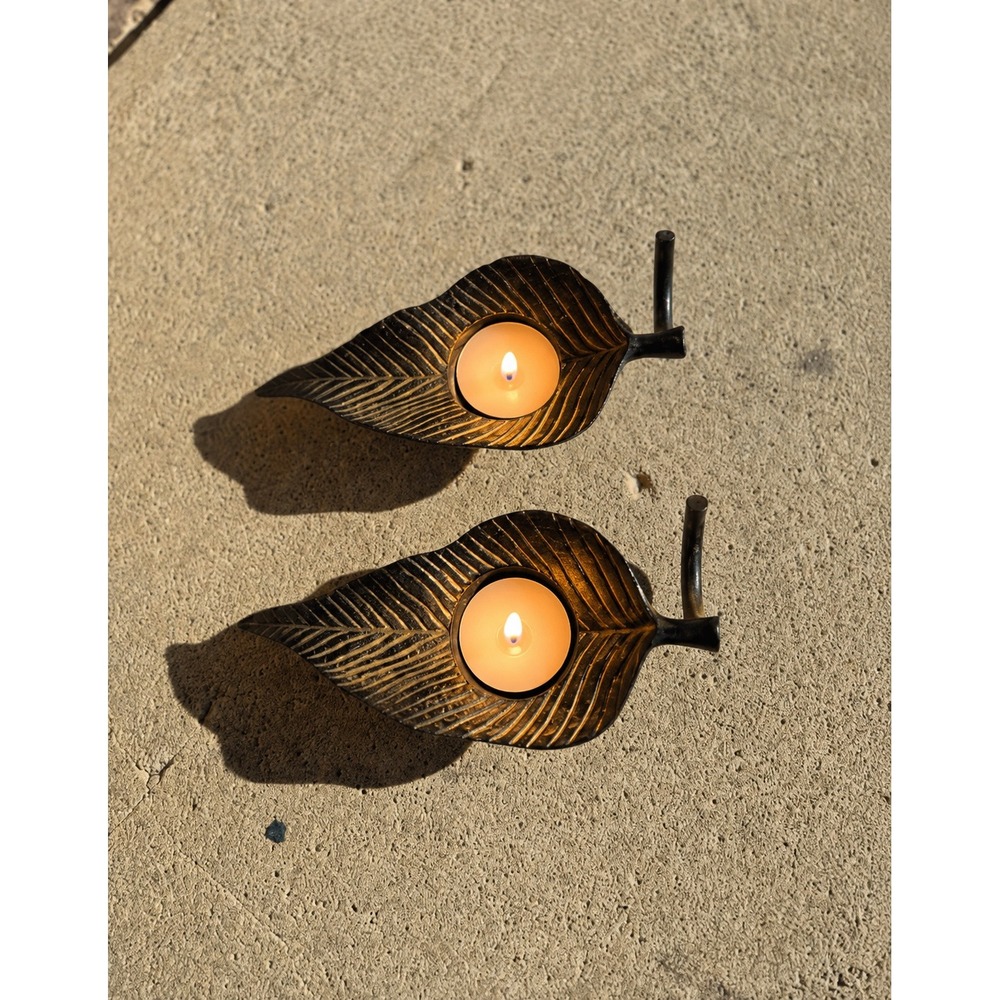 Vintage Brass Leaf Candle Holders Set of 2 Mid Century Modern Decor Stem Handles